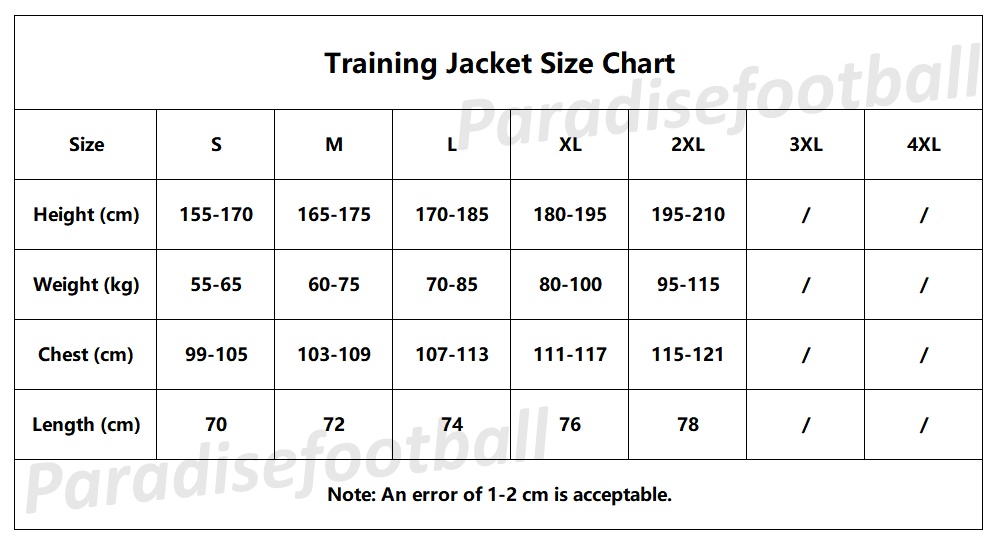Men Training Jacket Size Chart